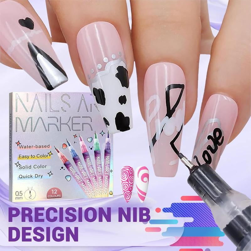 12-Piece Waterproof Nail Art Pens Set - Professional DIY Manicure Markers