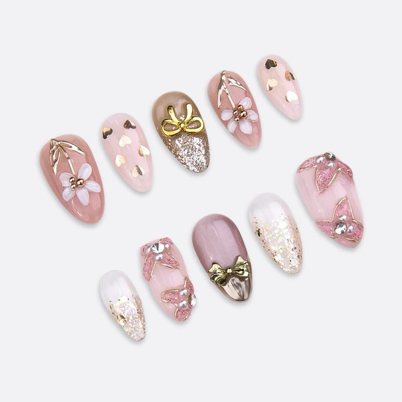 Premium Handmade Soft Pink Bow Press On Nails 3D Floral Luxury Reusable Gel Mani Set