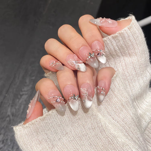 Marsvera Luxury Handmade Press On Nails Butterfly Pink Cats Eye Edition