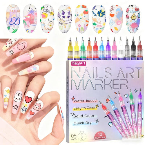 12-Piece Waterproof Nail Art Pens Set - Professional DIY Manicure Markers