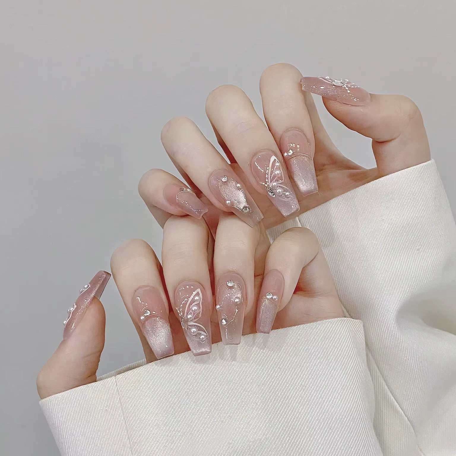 Marsvera Luxury Handmade Press On Nails Butterfly Pink Cats Eye Edition