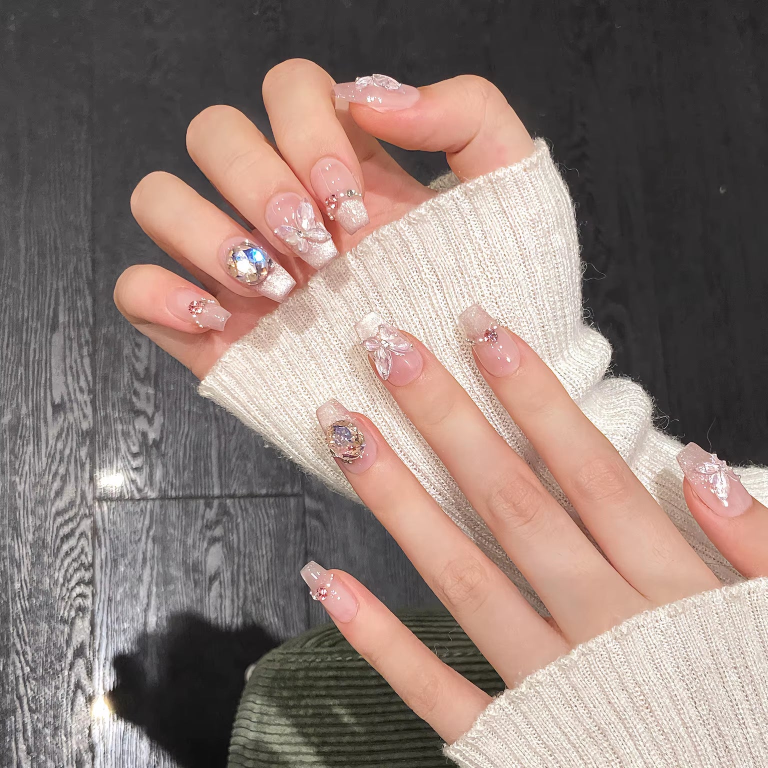 Marsvera Luxury Handmade Press On Nails Butterfly Pink Cats Eye Edition