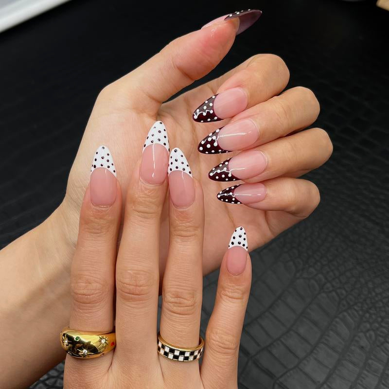 Handmade Chic Polka Dot French Tips - Reusable Almond Press-On Nails Set with Basic Tool Kit