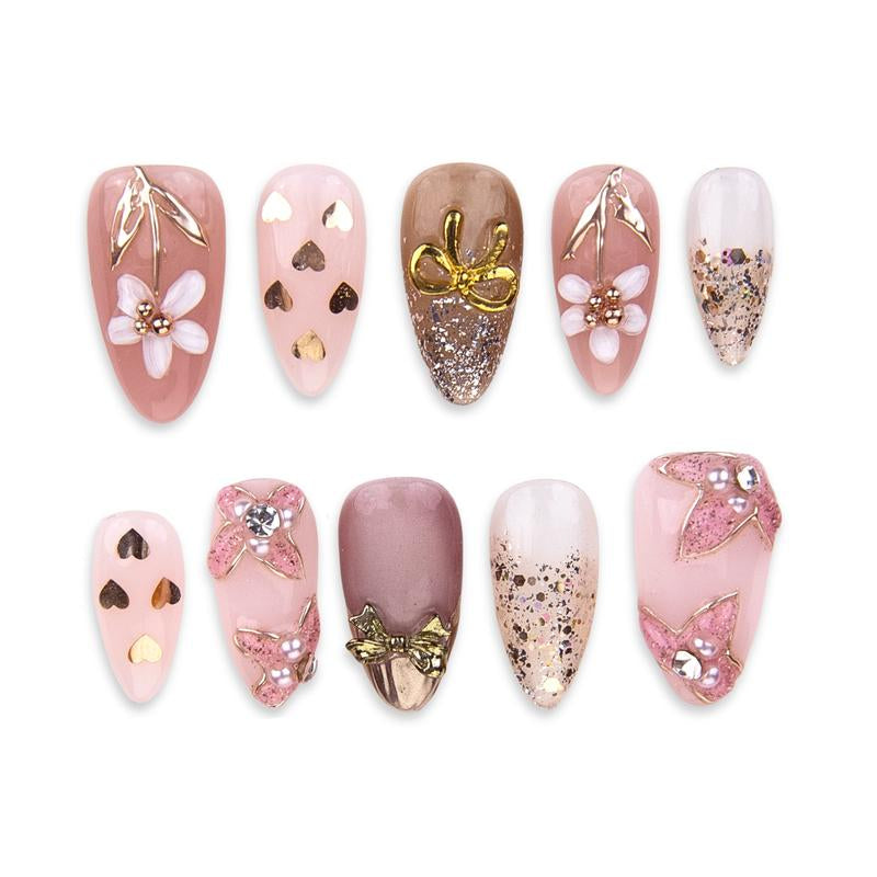 Premium Handmade Soft Pink Bow Press On Nails 3D Floral Luxury Reusable Gel Mani Set