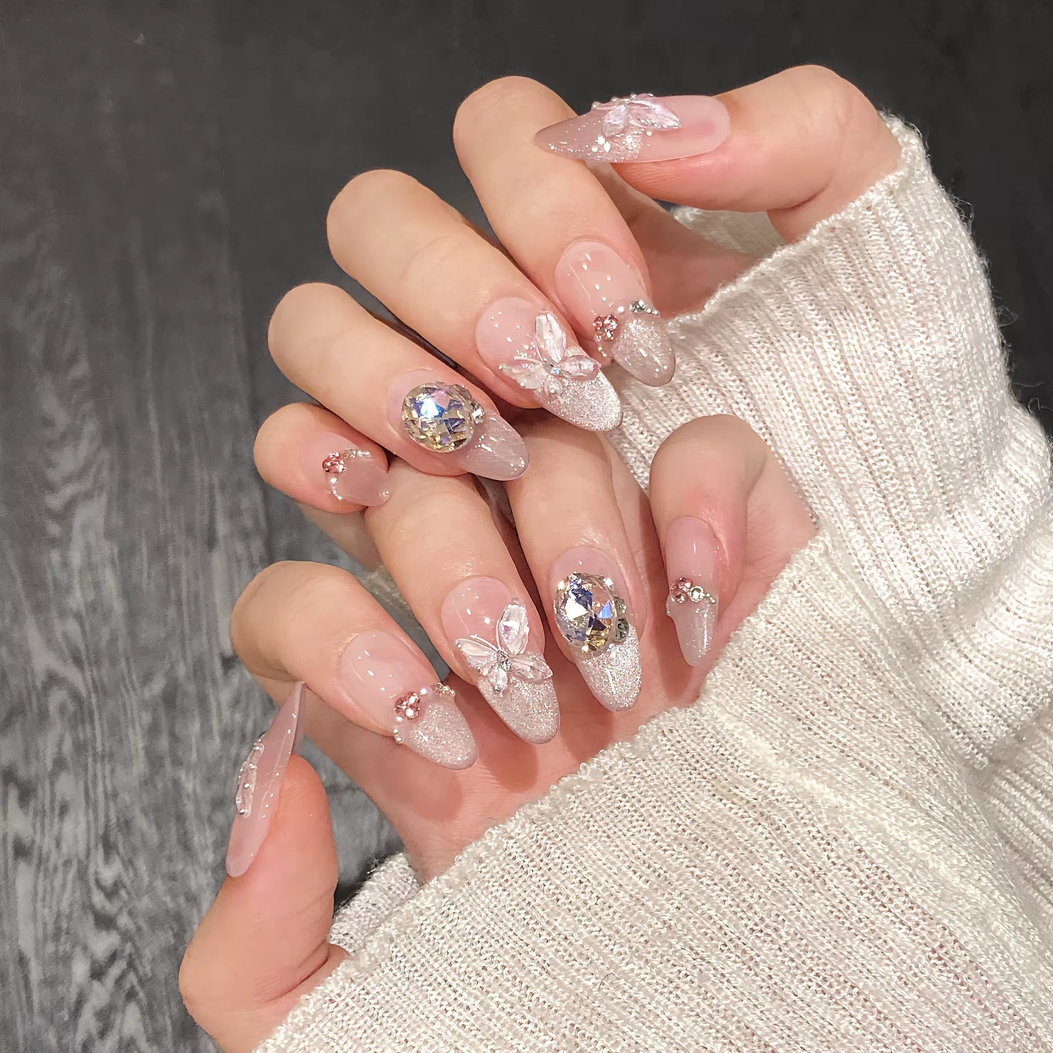 Marsvera Luxury Handmade Press On Nails Butterfly Pink Cats Eye Edition