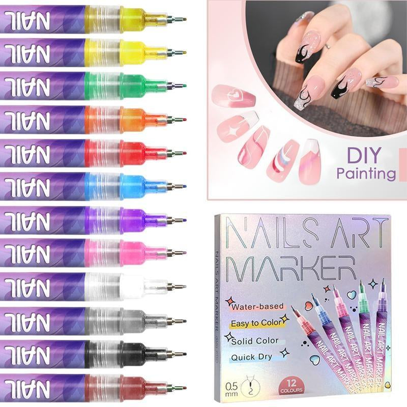 12-Piece Waterproof Nail Art Pens Set - Professional DIY Manicure Markers