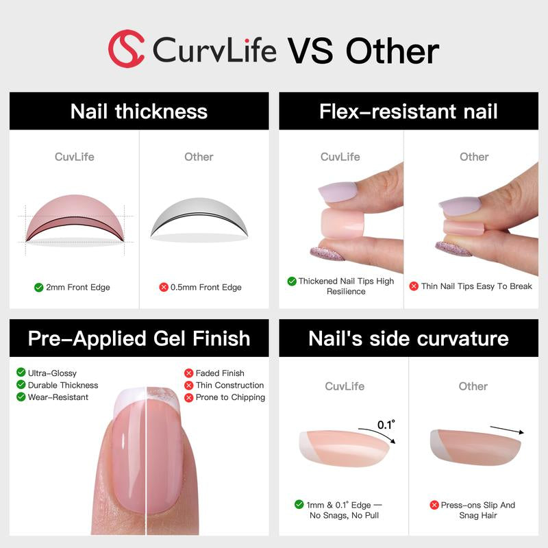 Curvlife Medium Squoval French Nail Art Press on Nails French Nude Chrome Metallic