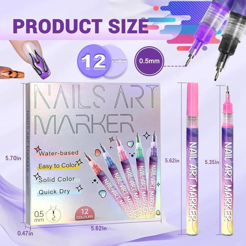 12-Piece Waterproof Nail Art Pens Set - Professional DIY Manicure Markers