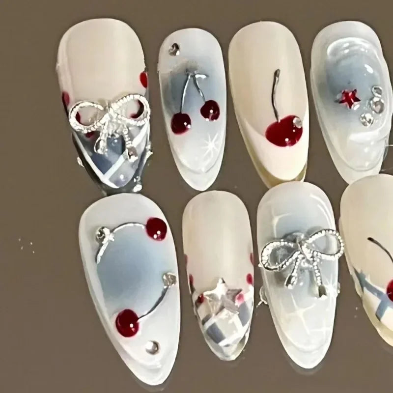 Marsvera - Sweet Cherry & Bow Handmade French Almond Press-On Nails