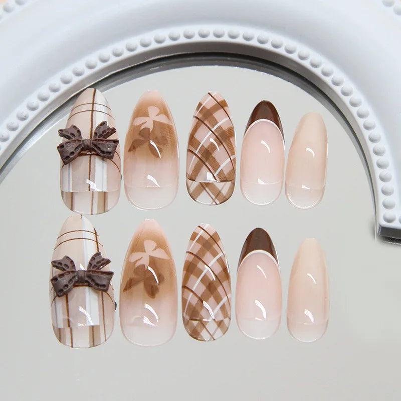 Marsvera - Autumn Aesthetic Brown Plaid Mid-Almond Press-On Nails