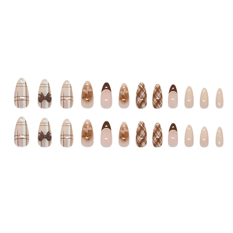 Marsvera - Autumn Aesthetic Brown Plaid Mid-Almond Press-On Nails