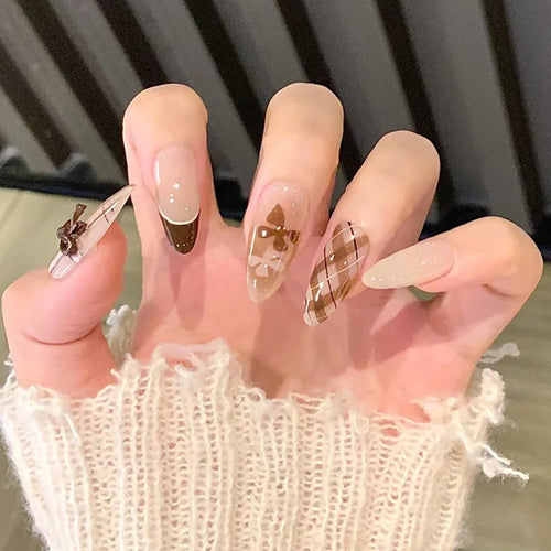 Marsvera - Autumn Aesthetic Brown Plaid Mid-Almond Press-On Nails