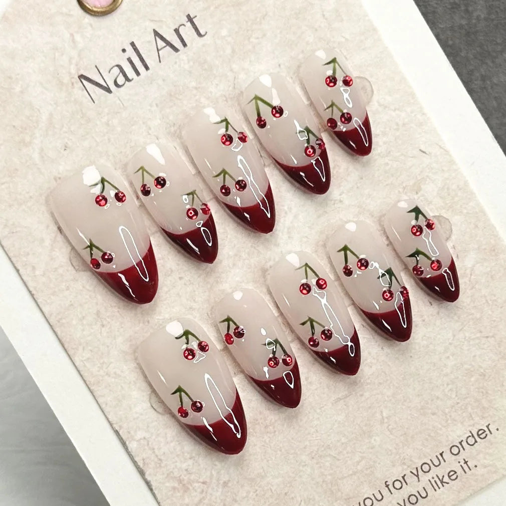 Marsvera - Sweet Cherry & Bow Handmade French Almond Press-On Nails