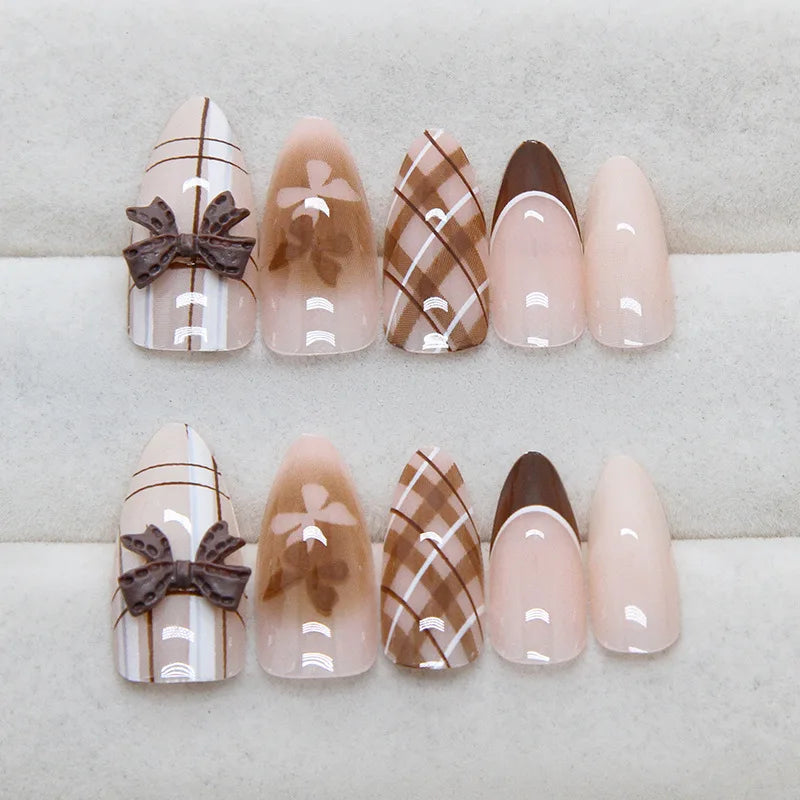 Marsvera - Autumn Aesthetic Brown Plaid Mid-Almond Press-On Nails