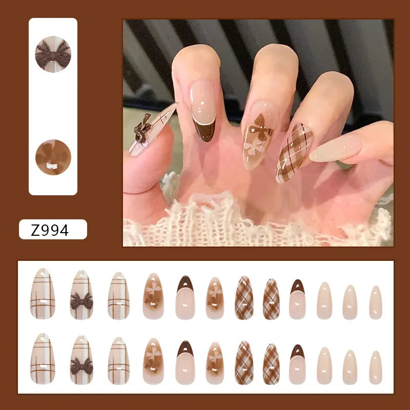 Marsvera - Autumn Aesthetic Brown Plaid Mid-Almond Press-On Nails