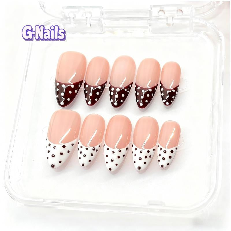 Handmade Chic Polka Dot French Tips - Reusable Almond Press-On Nails Set with Basic Tool Kit