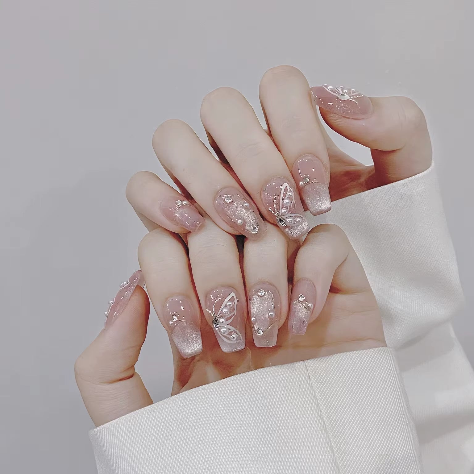 Marsvera Luxury Handmade Press On Nails Butterfly Pink Cats Eye Edition