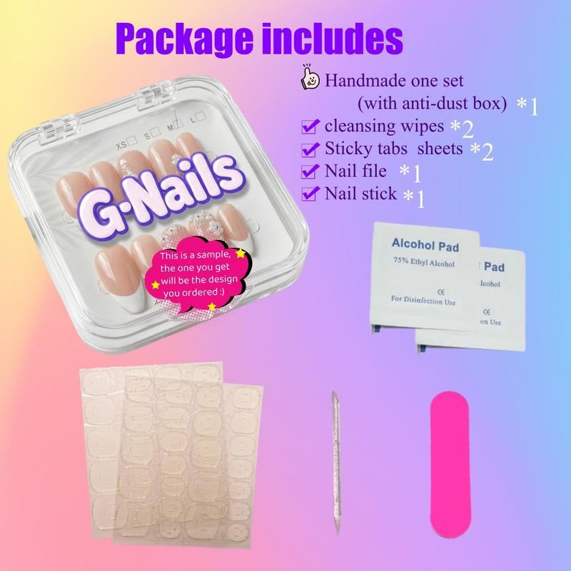 Handmade Chic Polka Dot French Tips - Reusable Almond Press-On Nails Set with Basic Tool Kit