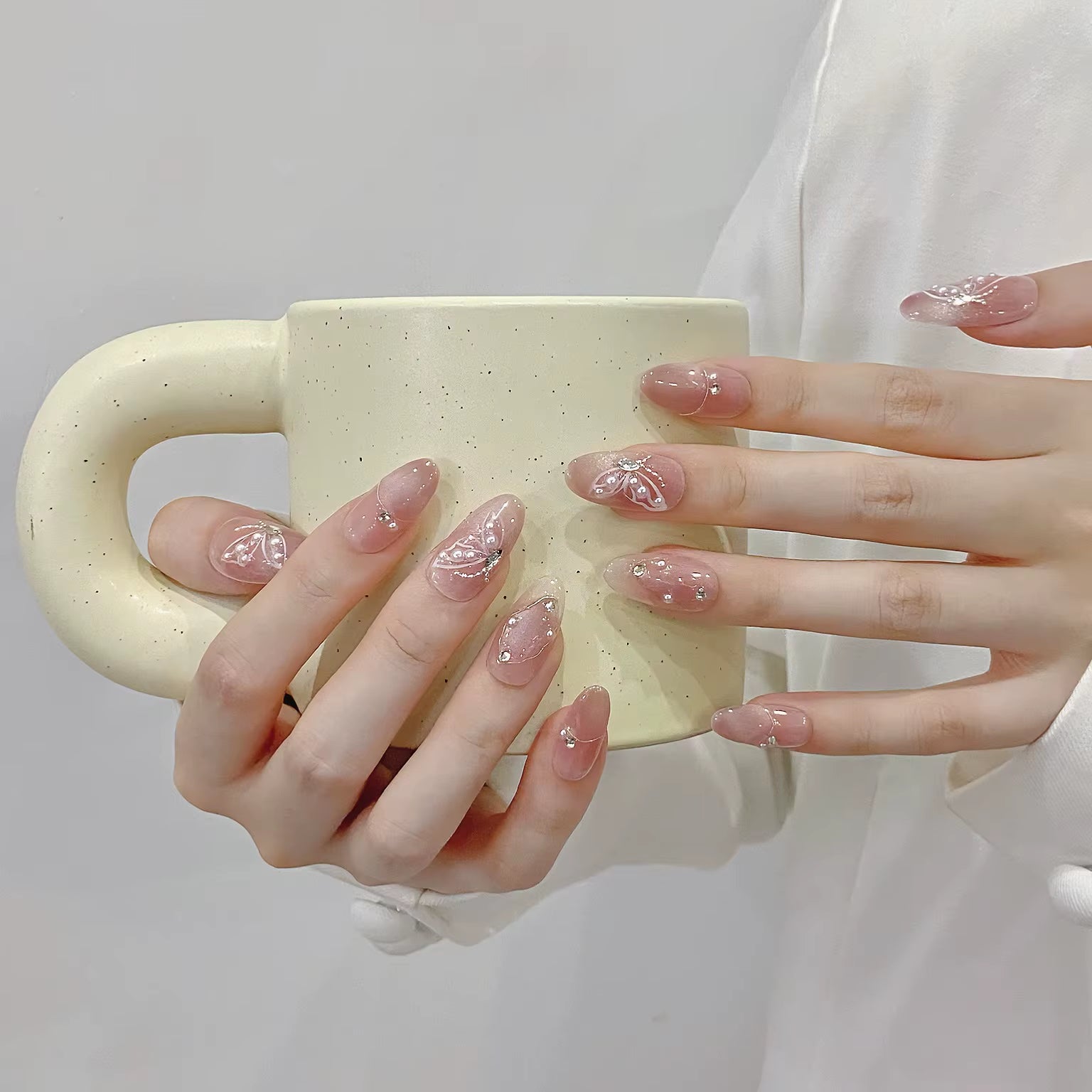 Marsvera Luxury Handmade Press On Nails Butterfly Pink Cats Eye Edition