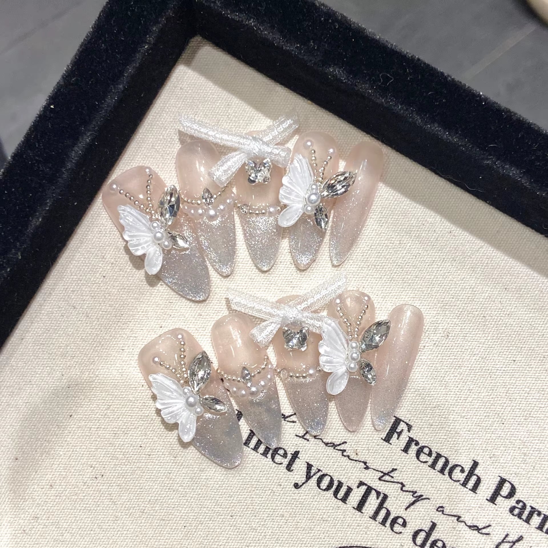 Marsvera Luxury Handmade Press On Nails Butterfly Pink Cats Eye Edition