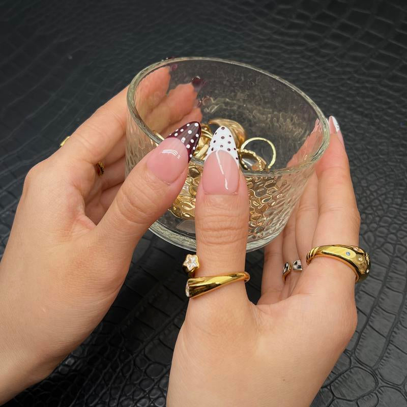 Handmade Chic Polka Dot French Tips - Reusable Almond Press-On Nails Set with Basic Tool Kit