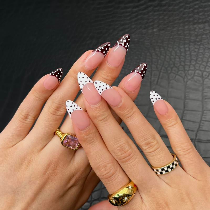 Handmade Chic Polka Dot French Tips - Reusable Almond Press-On Nails Set with Basic Tool Kit